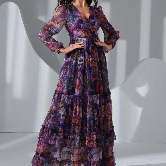 Purple Elegant Women's Floral Print long sleeved Frill Trim Maxi Dress - Picture 2 of 6